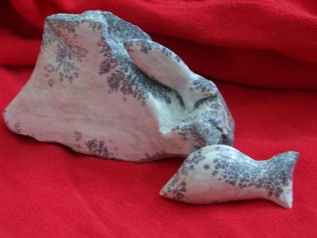 Dendritic Soapstone rough and with a carving